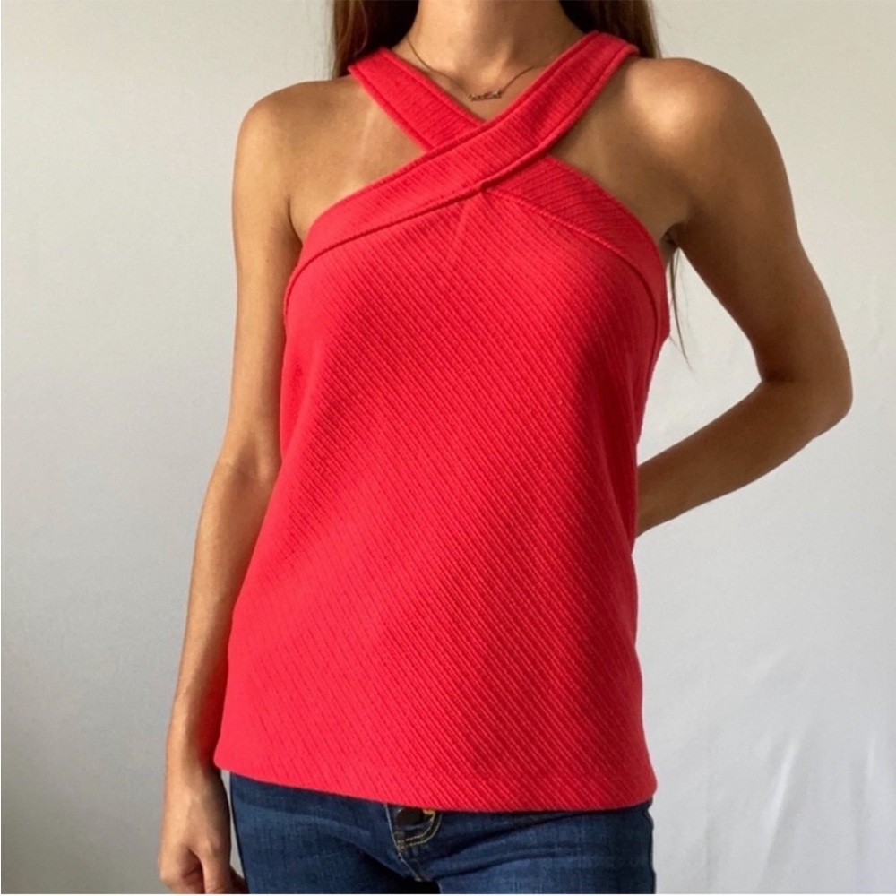 Anthropologie Red High Neck Cross Tank Top